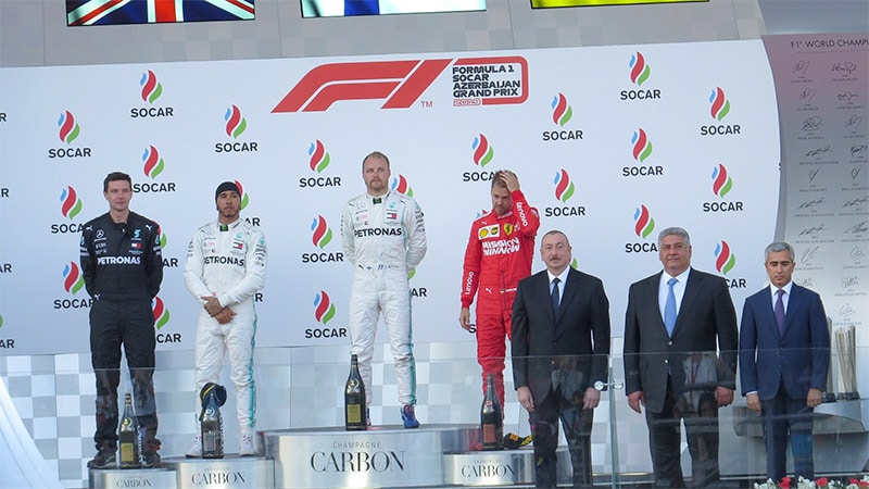 Bottas on the podium after winning the 2019 Azerbaijan Grand Prix